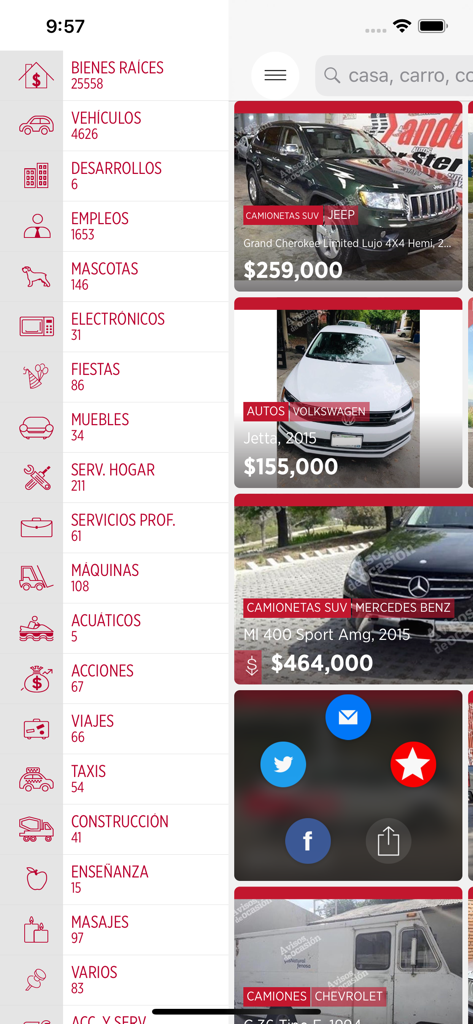 Avisos de Ocasion app showing classified categories and vehicle listings
