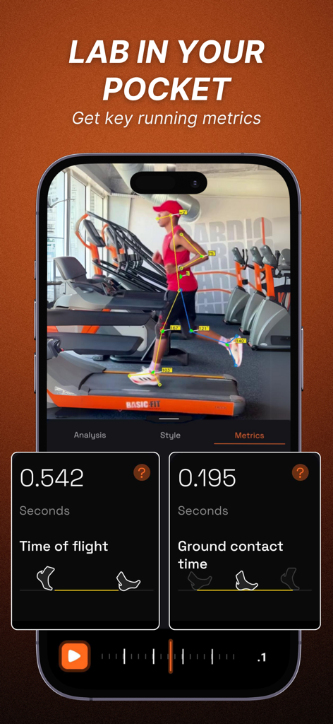 Running & gait analysis - Ochy - Smartphone screen showing Ochy app with AI gait analysis and running metrics.