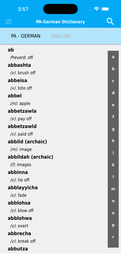 PA-German Dictionary - Interface du dictionnaire Pennsylvanie German affichant une liste de mots et leurs traductions anglaises