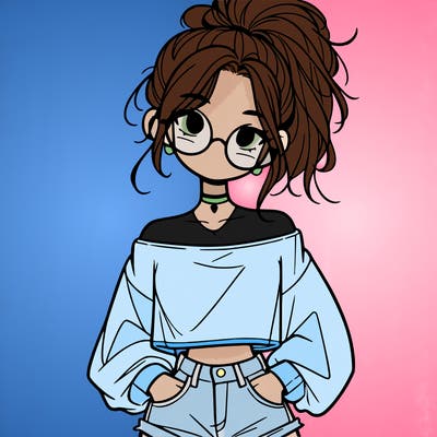 girl with a messy ponytail glasses a baggy crop top and jean shorts