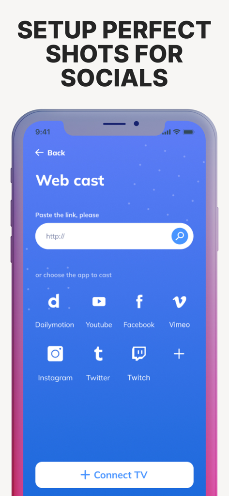 Interface do recurso Web Cast para transmitir conteúdo de mídia social do iPhone para a TV