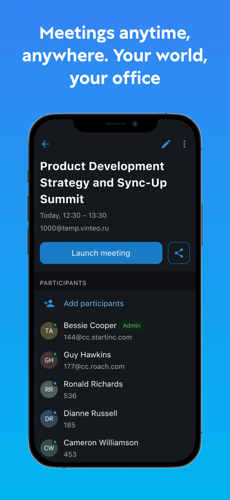 Vinteo - Vinteo-App-Oberfläche, die einen Besprechungsplan mit Teilnehmerliste und Startschaltfläche anzeigt