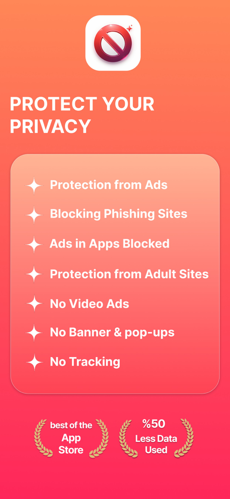 AdBlockerアプリのインターフェースに、広告、フィッシングサイト、トラッカーをブロックするプライバシー保護機能のリストが表示されている