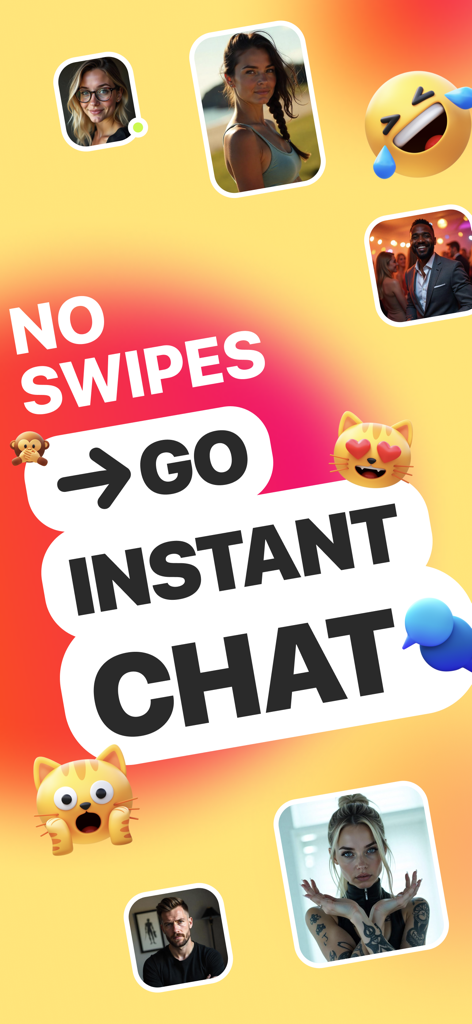 Promotional screen for Kiki app with the text NO SWIPES GO INSTANT CHAT surrounded by user profile photos and emojis.
