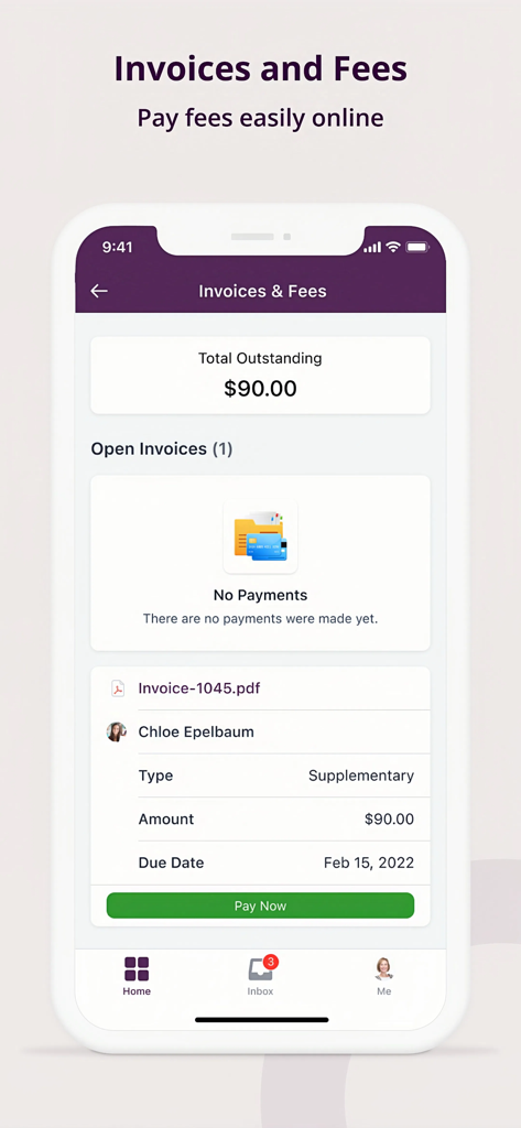 OpenApply - OpenApply app interface showing an invoice details and a pay now button for school admission fees