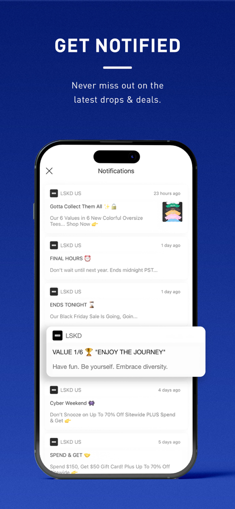 Pantalla de notificaciones de la app móvil LSKD US mostrando los últimos lanzamientos y ofertas de compras