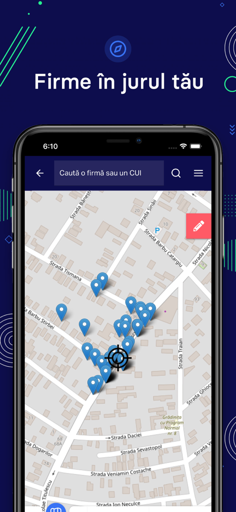 Termene.ro - A smartphone showing the Termene.ro app with a map interface featuring multiple company location pins.