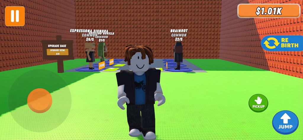 Escape Tsunami For Brainrots! - Gameplay screenshot of Escape Tsunami For Brainrots featuring a Roblox style avatar and base upgrades