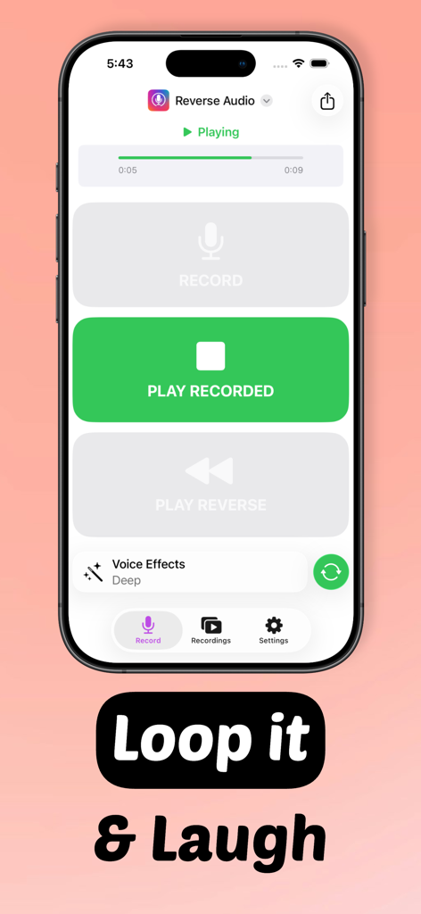Reverse Audio - Sing & Record - Mobile app screen for recording and reversing audio with a play button and voice effects