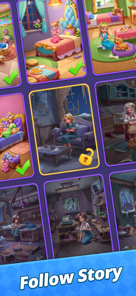 A grid of story chapters showing renovated rooms and messy environments in Match Family