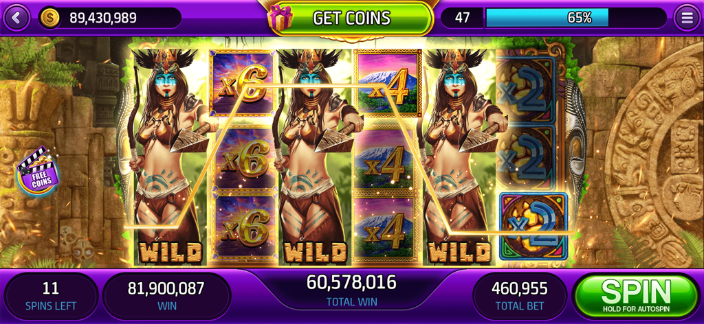 FunWave Slots & Jackpot Casino - Gameplay screen of FunWave Slots showing a jungle warrior theme with wild symbols and big coin wins