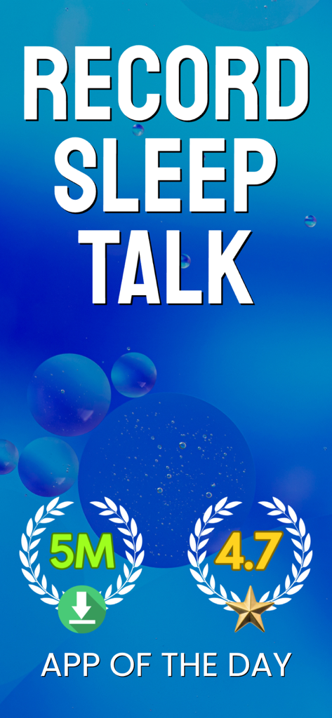 Écran d'accueil de l'application Dream Talk Recorder affichant le texte 'enregistrer les paroles de sommeil' et le succès de 5 millions de téléchargements