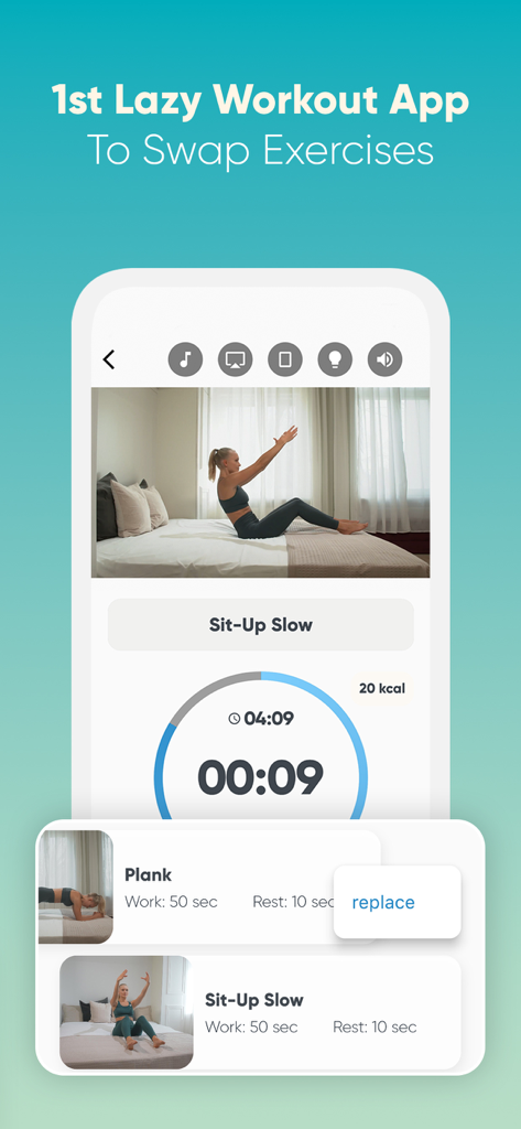 Ein Handy-App-Bildschirm für Wall Pilates, der einen Trainings-Timer für Sit-ups und eine Funktion zum Ersetzen von Übungen in der Routine zeigt.