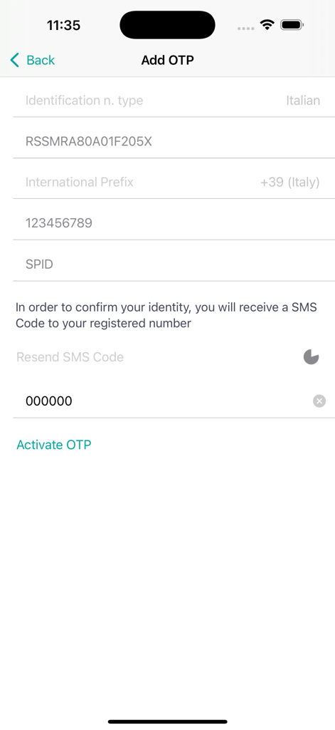 Namirial OTP - Capture d'écran de l'application Namiriel OTP pour l'ajout d'un nouveau compte et la vérification d'identité par SMS