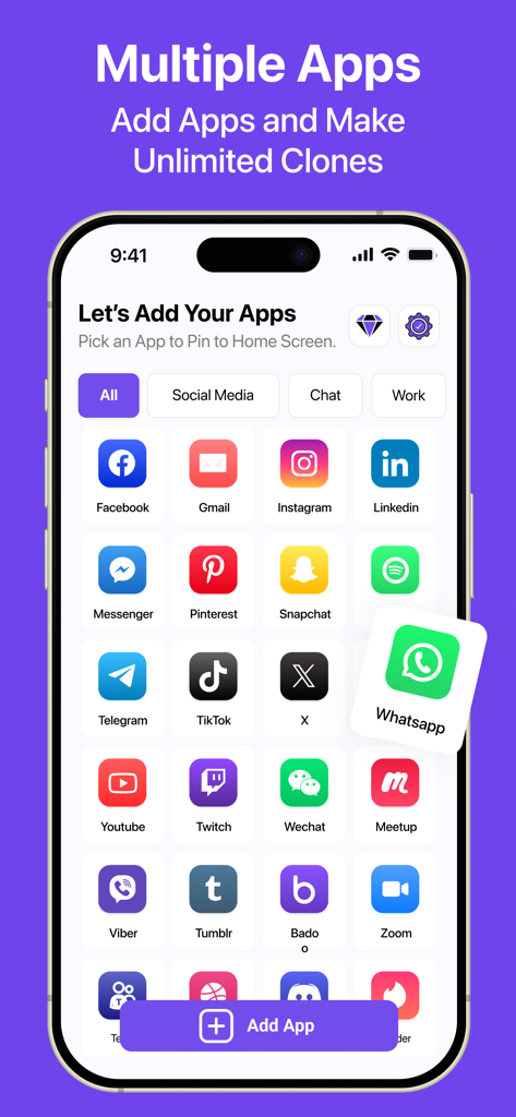 Dual Space - Multi Accounts - Interfaz de un smartphone que muestra una cuadrícula de iconos de redes sociales como Facebook e Instagram para clonar en la aplicación Dual Space.