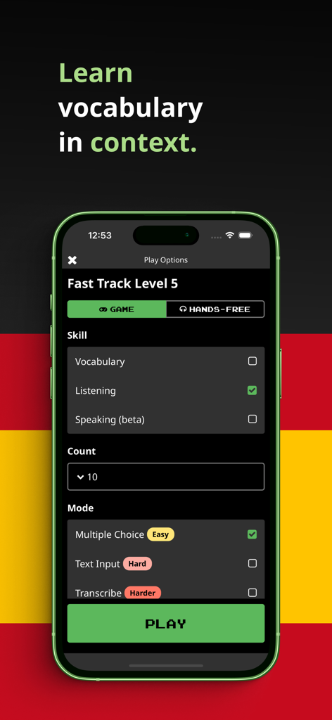 Clozemaster Spanish - Pantalla de la aplicación Clozemaster Español mostrando opciones de juego para aprender vocabulario en contexto