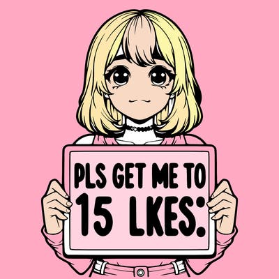 realistic girl holding up a sign that says “pls get me to 15 likes!”