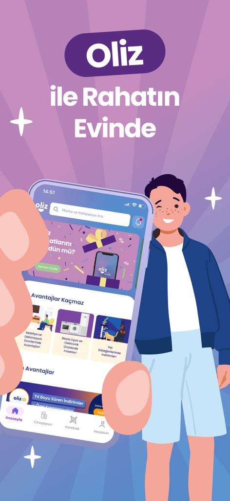 Oliz - Fırsat ve Avantaj App’i - Olizモバイルアプリのインターフェース。家電製品や家具の割引が表示されています。