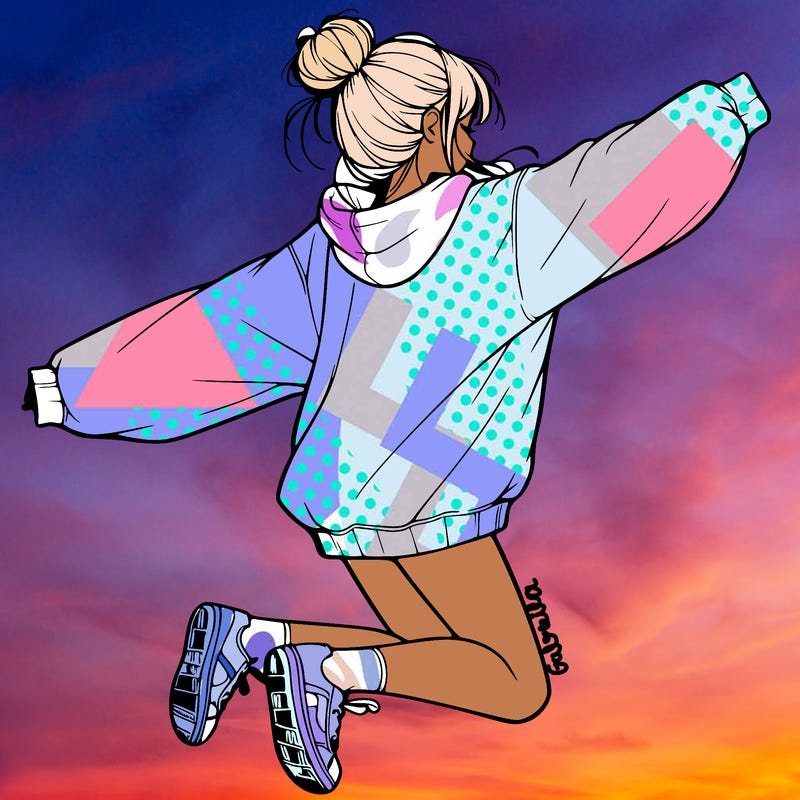 realistic girl jumping with a bun and oversized sweatshirt