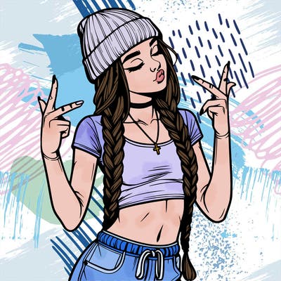 realistic teenage girl with braids and a beanie and crop top doing 🫶🏼