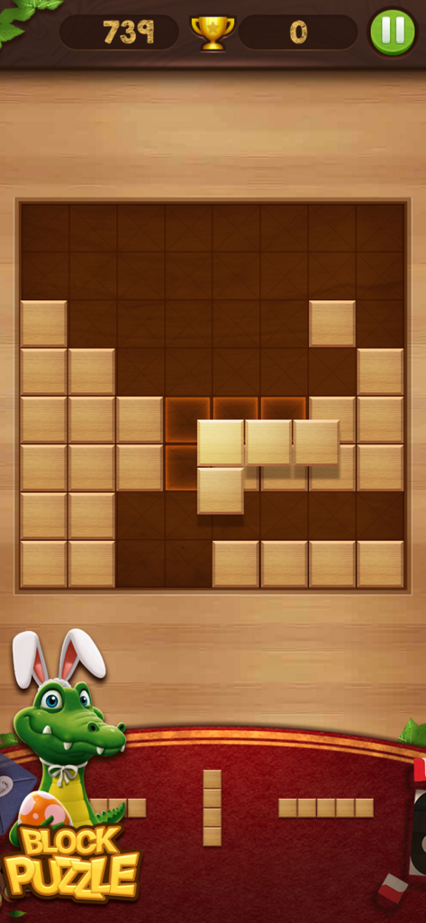 Block Puzzle Wood - Gameplay of Block Puzzle Wood showing a wooden grid with blocks and three new pieces to be placed.
