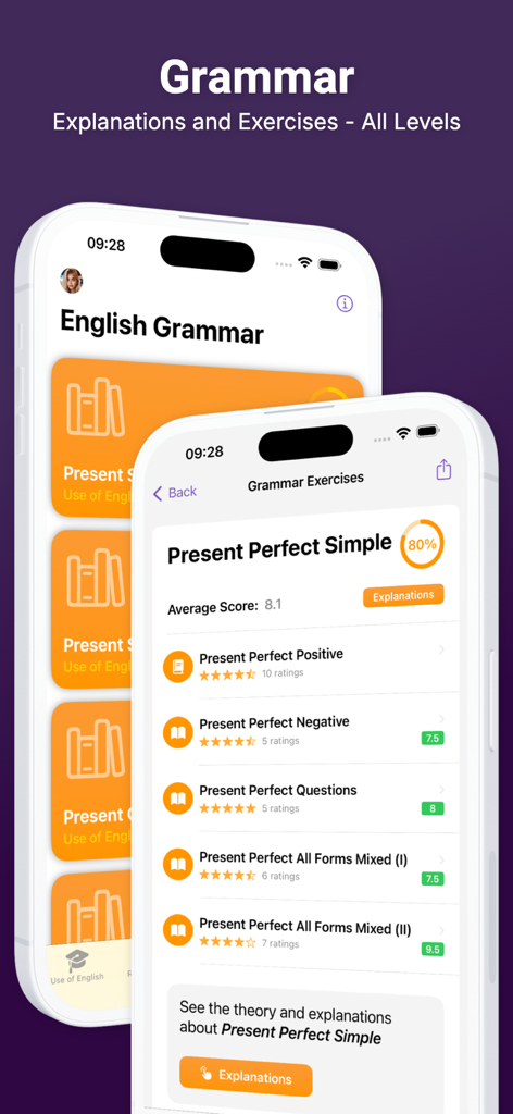 Use of English PRO - English grammar exercises and explanations for Cambridge exams on a mobile app interface