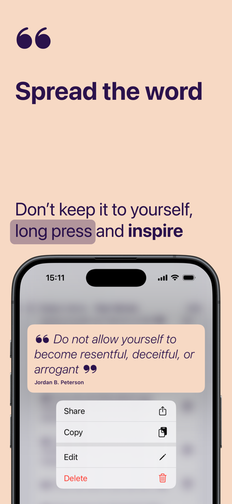 Verve: words that matter - Screenshot der Verve-App, der eine Zitatkarte mit einem Menü zum Teilen, Kopieren und Bearbeiten von inspirierenden Worten zeigt