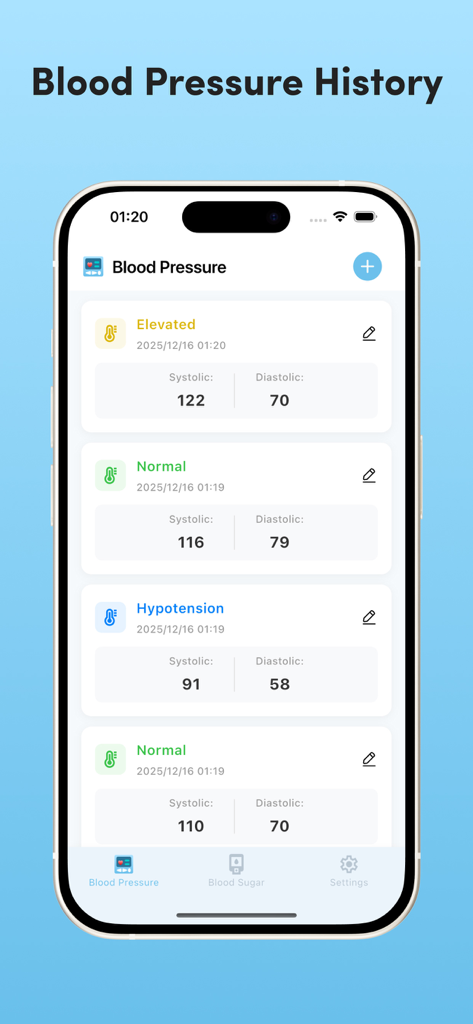 BP & Glucose Insight - A digital blood pressure history log displaying a list of systolic and diastolic readings with health status labels like elevated and normal.