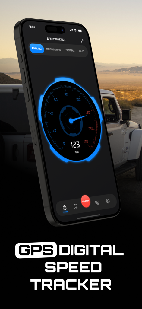 GPS Speedometer+ Speed Tracker - GPS Speedometer app featuring a glowing blue analog speedometer on an iPhone screen.