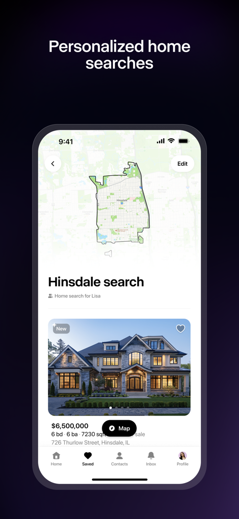 Interface of a luxury real estate app showing a personalized home search and a high end property listing