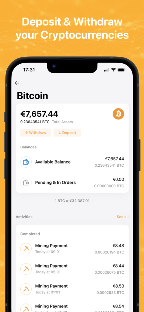 NiceHash - Interfaccia dell'app mobile NiceHash che mostra il saldo del wallet Bitcoin e i recenti pagamenti del mining