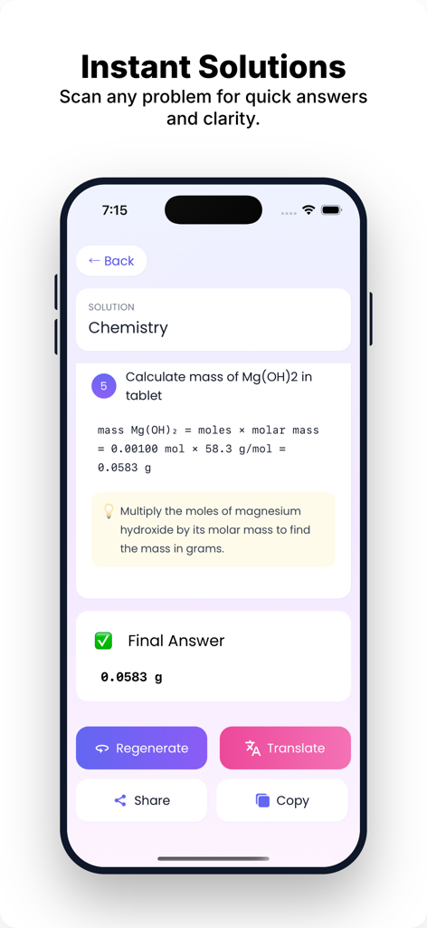 Chemistry Solver : Study AI - 화학 솔버 앱이 아이폰 화면에 화학량론 문제에 대한 단계별 솔루션을 표시함.