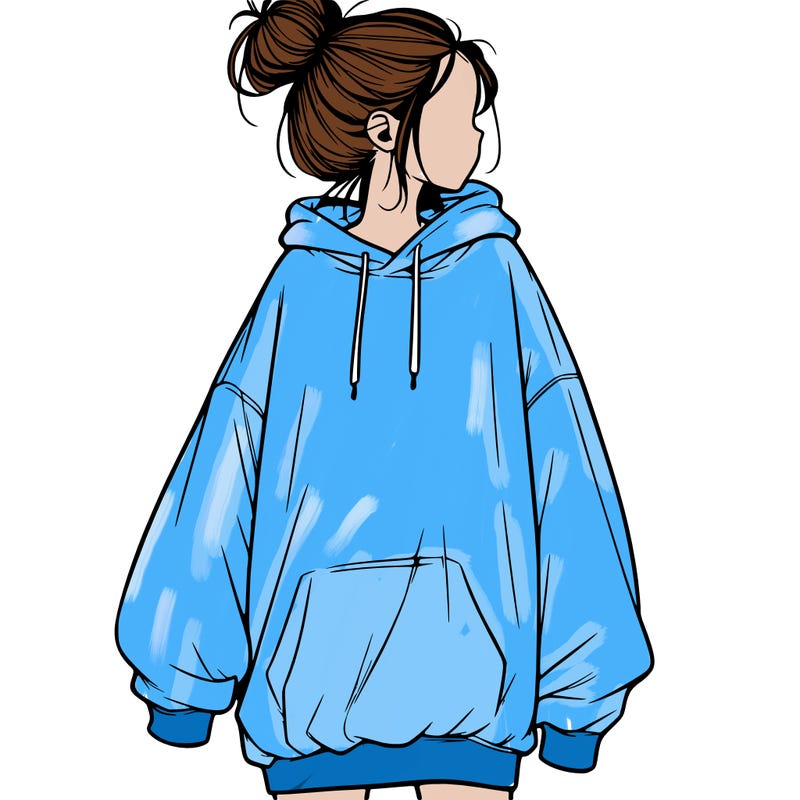 realistic girl with a oversized sweatshirt on and a bun