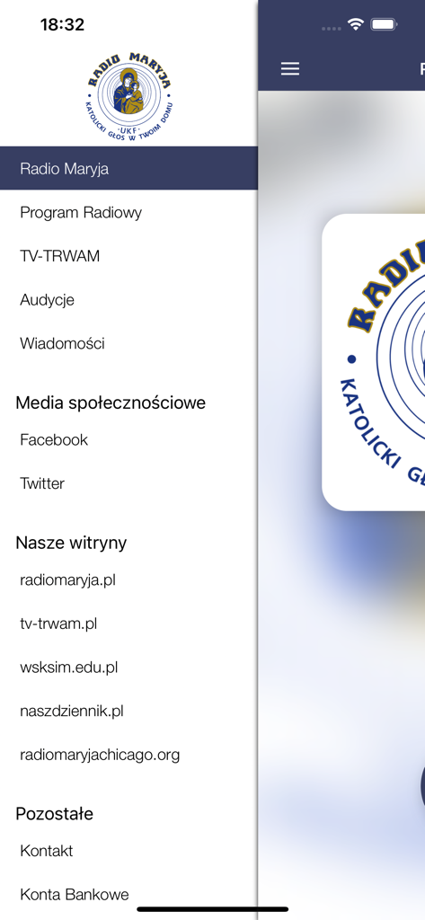 Radio Maryja - Side navigation menu of the Radio Maryja mobile app showing links to radio programs and TV TRWAM