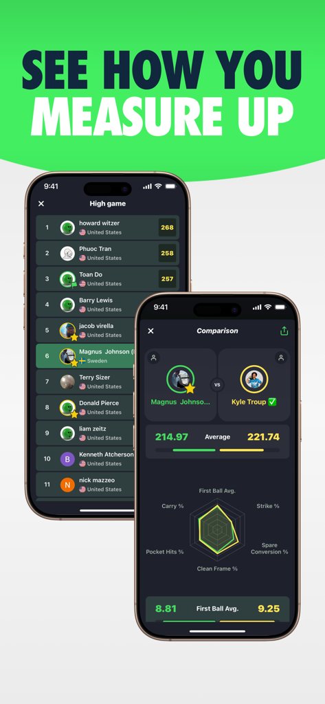Lanetalk Bowling - Telas do aplicativo Lanetalk mostrando um placar de melhores pontuações e um gráfico de comparação de desempenho entre dois jogadores