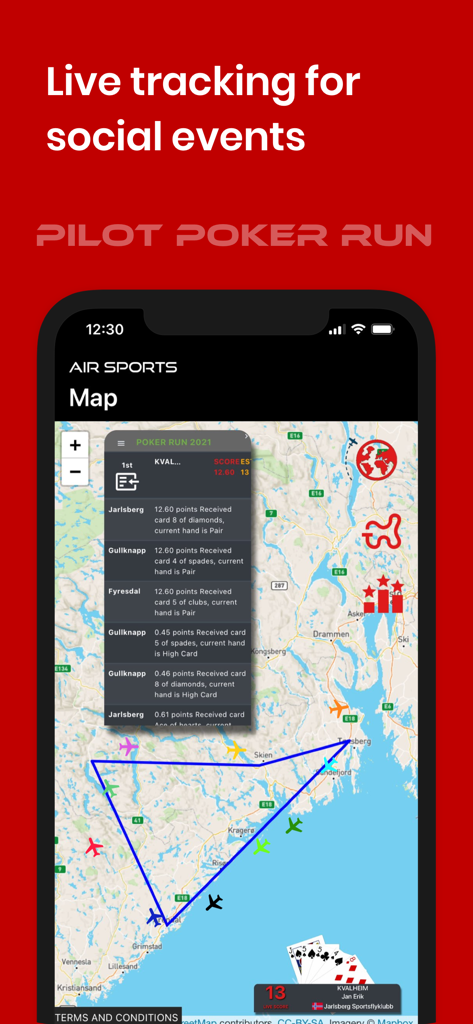Air Sports Live Tracking - Una interfaz de mapa de la aplicación Air Sports que muestra el seguimiento en vivo de aeronaves y el progreso durante un evento Pilot Poker Run.