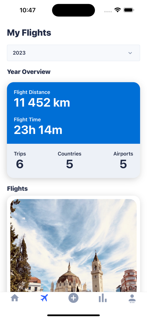 MyFlight.life - MyFlight.life app interface showing annual travel statistics including flight distance, time, and number of countries visited