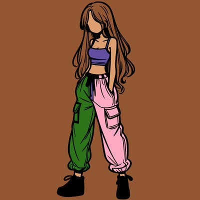 girl in baggy pants crop top and long hair