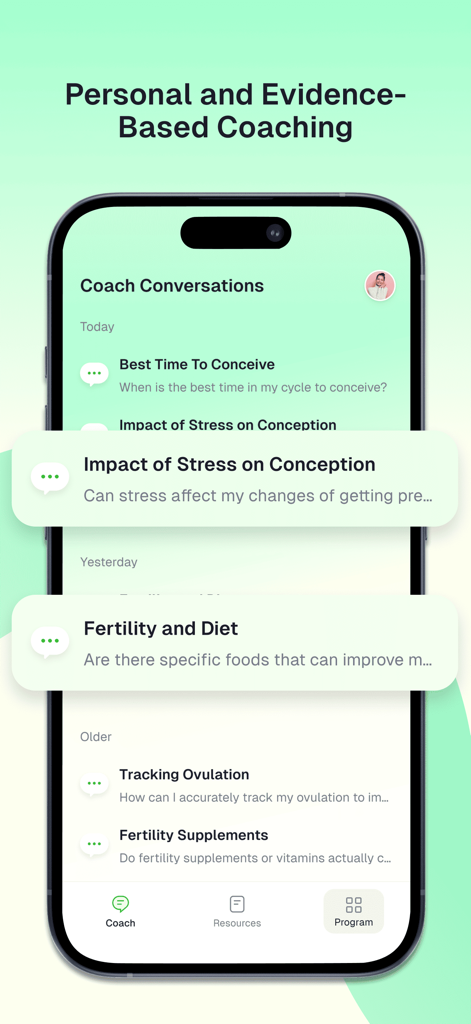 Conceivio - Screenshot of the Conceivio app showing personalized fertility coach conversations on topics like diet and stress