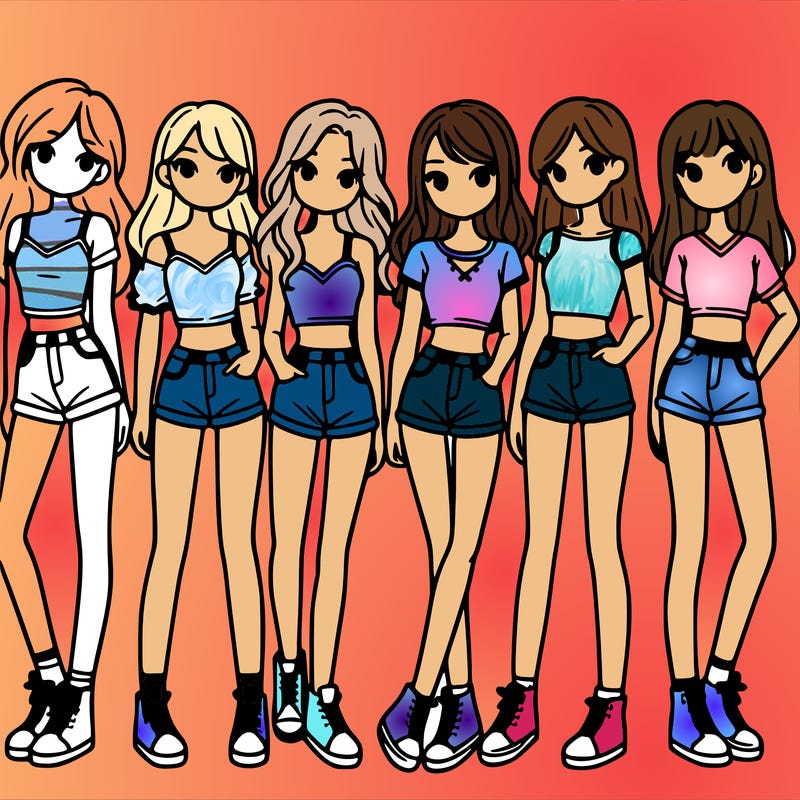 a group of girls wearing crop tops and shorts