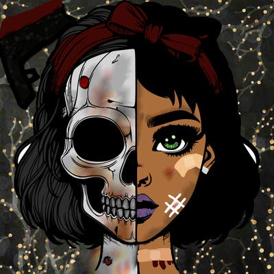 realistic girl with half skull mask