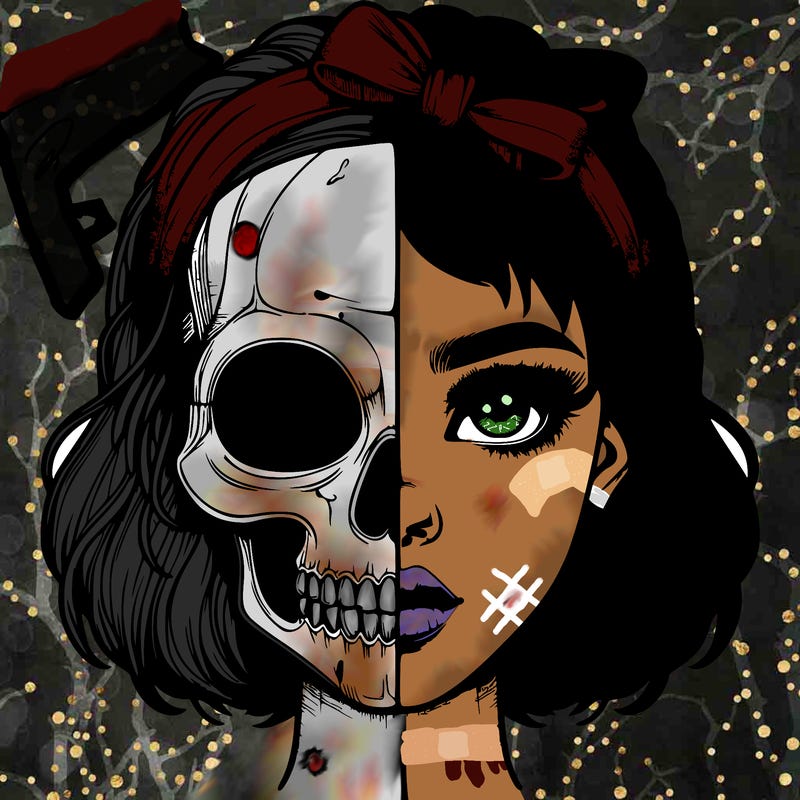 realistic girl with half skull mask