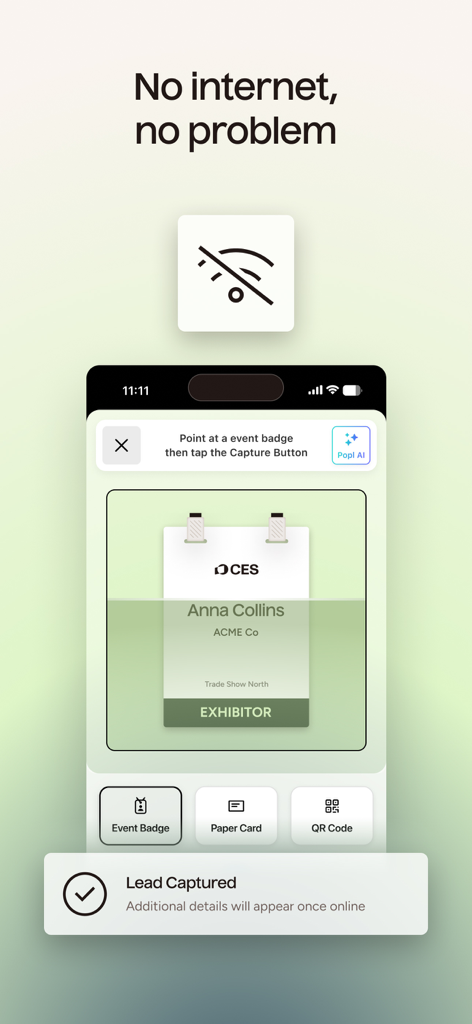 Popl: Digital Business Card - Popl App-Oberfläche, die die Offline-Lead-Erfassung durch Scannen eines Veranstaltungs-Badges demonstriert