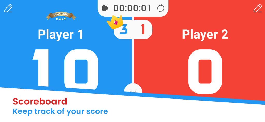 Digital scoreboard app showing a 10 to 0 score for two players with a game timer