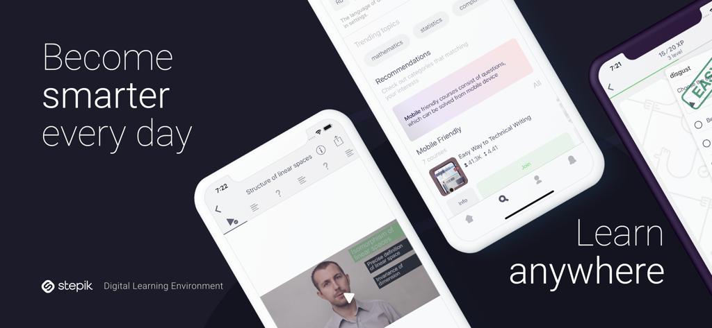 Promotional image for Stepik app featuring mobile screens with video lectures and course lists