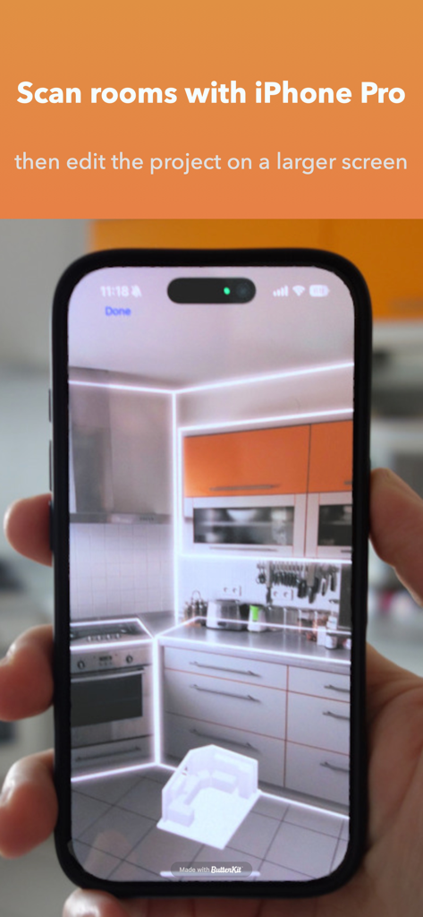 Room Arranger - A person using an iPhone Pro to scan a kitchen with LiDAR technology in the Room Arranger app