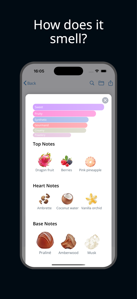 Visual breakdown of fragrance notes and scent characteristics in the Parfumo app.