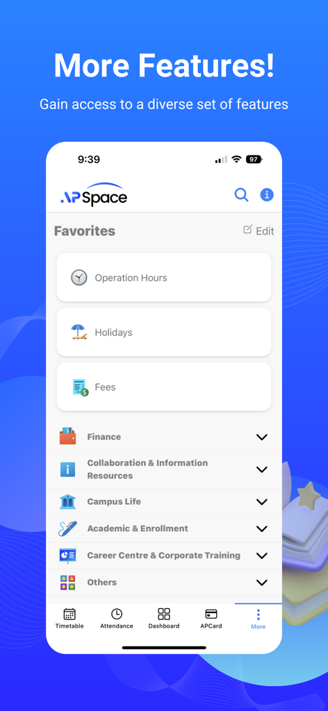 APSpace - APSpace app interface showing student services including campus life, fees, and academic enrollment