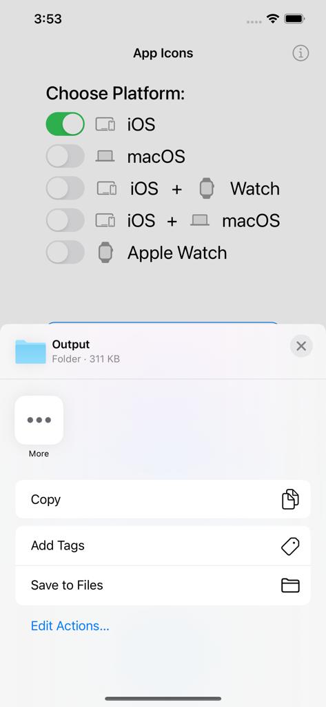 App Icon: Resize for all OS - Interface for choosing Apple platforms to generate app icons with options to save the output folder