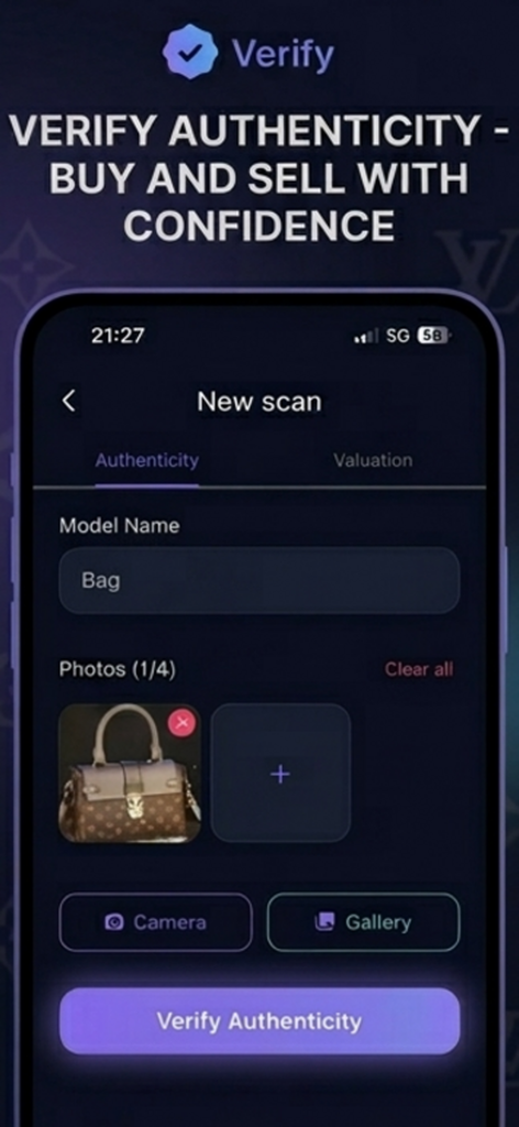 Legit Check AI : Fake Scanner - Screenshot of Legit Check AI app showing a new scan for a luxury bag to verify authenticity